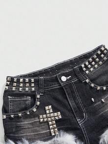 ROMWE Grunge Punk Quần short denim mini cạp siêu thấp họa tiết Y2K cổ điển, rách rưới, đính đinh tán cho nữ - Xám - Xem 3