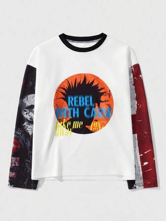 Street Life T-shirt à manches longues décontracté et pour hommes, avec slogan et impression de figure en couleur, coupe ample, pour le printemps/automne