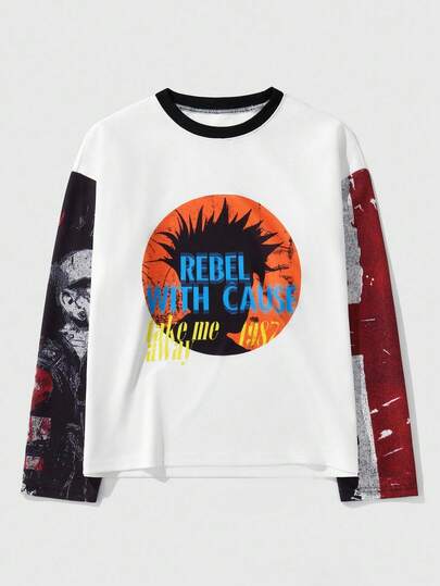 Street Life Men's Casual Fashionable Street Slogan & Figure Print Color Block Loose Fit Long Sleeve T-Shirt, Spring/Autumn