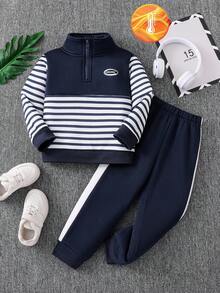 SHEIN Explorewe 2pcs/Set Young Boy Fuzzy Patchwork Colorblock Striped Sweatshirt And Pants, Suitable For Autumn/Winter Seasons, Suitable For Various Occasions - Navy Blue - View 7
