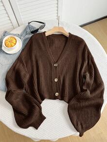 Comfortcana 秋冬大码休闲纯色纽扣罗纹针织开衫 - 棕色 - 查看 3