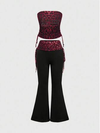 2pcs Women's Sexy Set - Rhinestone Letter & Leopard Print Bandeau Crop Top And Drawstring Pants