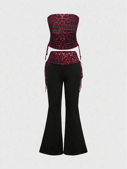 2 pièces Ensemble sexy pour femmes - Top court bandeau avec strass et imprimé léopard, et pantalon à cordon de serrage