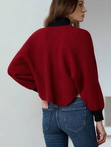GENKIRA Elegant Contrast Color Casual Vintage Batwing Sleeve Cardigan - Red - View 6