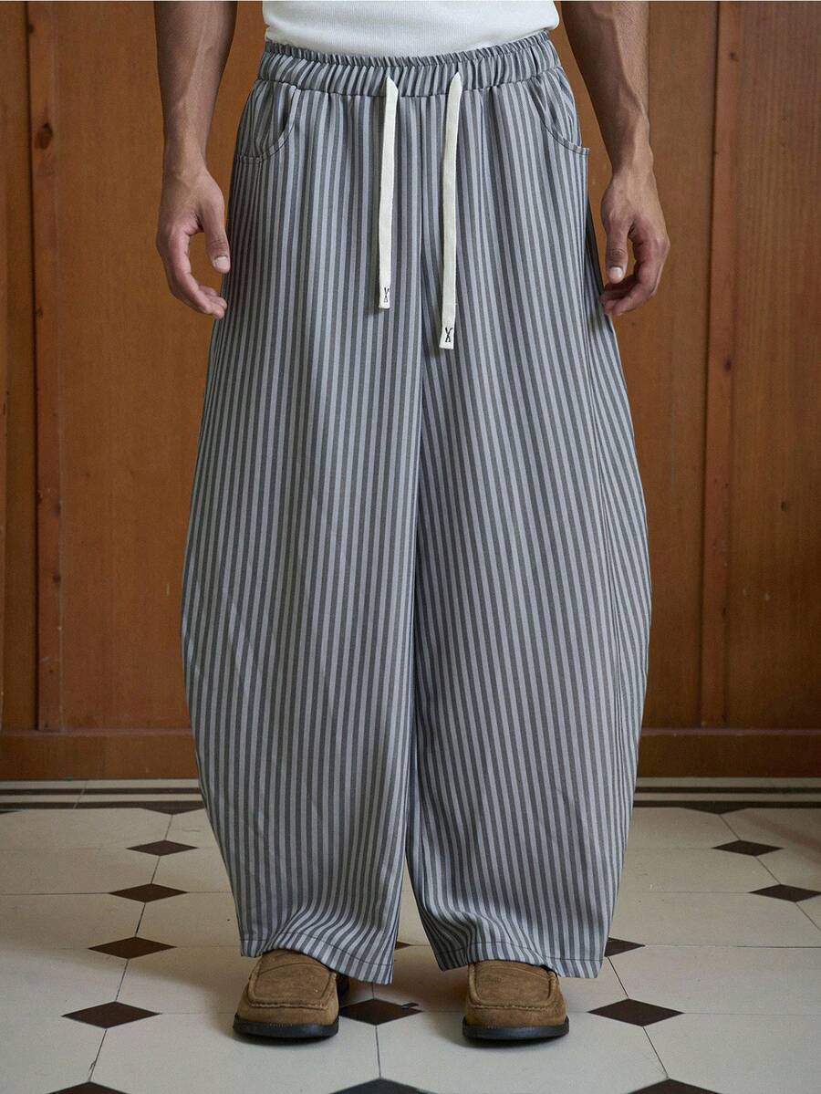 TOKVUE 男士休闲通勤条纹宽松阔腿裤，秋季 - 卡其色 - 查看 1