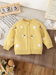SHEIN Baby Girls Cardigans Knitted Long Sleeve Open Front Sweater, Suitable For Autumn/Winter, Light Yellow, Versatile For Daily Wear, Hand-Embroidered Design, Stylish And Elegant, Suitable For Daily, Home, Outdoor, Travel, And School Fall - Yellow - View 1