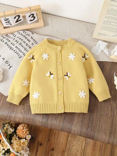 SHEIN Baby Girls Cardigans Knitted Long Sleeve Open Front Sweater, Suitable For Autumn/Winter, Light Yellow, Versatile For Daily Wear, Hand-Embroidered Design, Stylish And Elegant, Suitable For Daily, Home, Outdoor, Travel, And School Fall