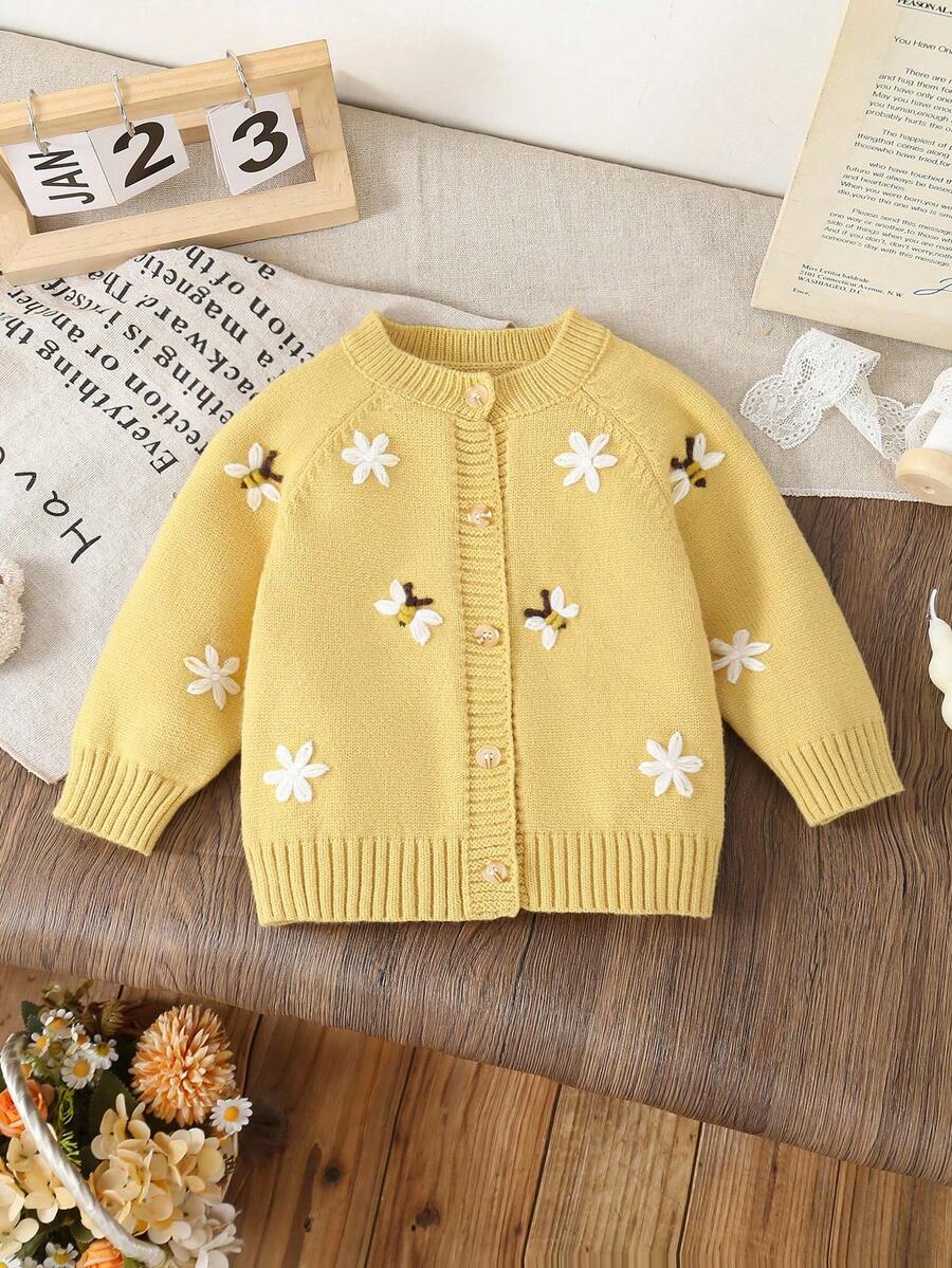 SHEIN Baby Girls Cardigans Knitted Long Sleeve Open Front Sweater, Suitable For Autumn/Winter, Light Yellow, Versatile For Daily Wear, Hand-Embroidered Design, Stylish And Elegant, Suitable For Daily, Home, Outdoor, Travel, And School Fall - Yellow - View 1