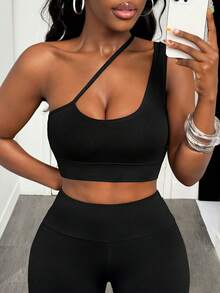 Slaydiva One Shoulder Crop Sports Bra - Black - View 4