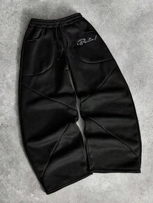 PAVTROS Men's Fashion Creative Patchwork Wide Leg Letter Embroidered Black Sweatpants