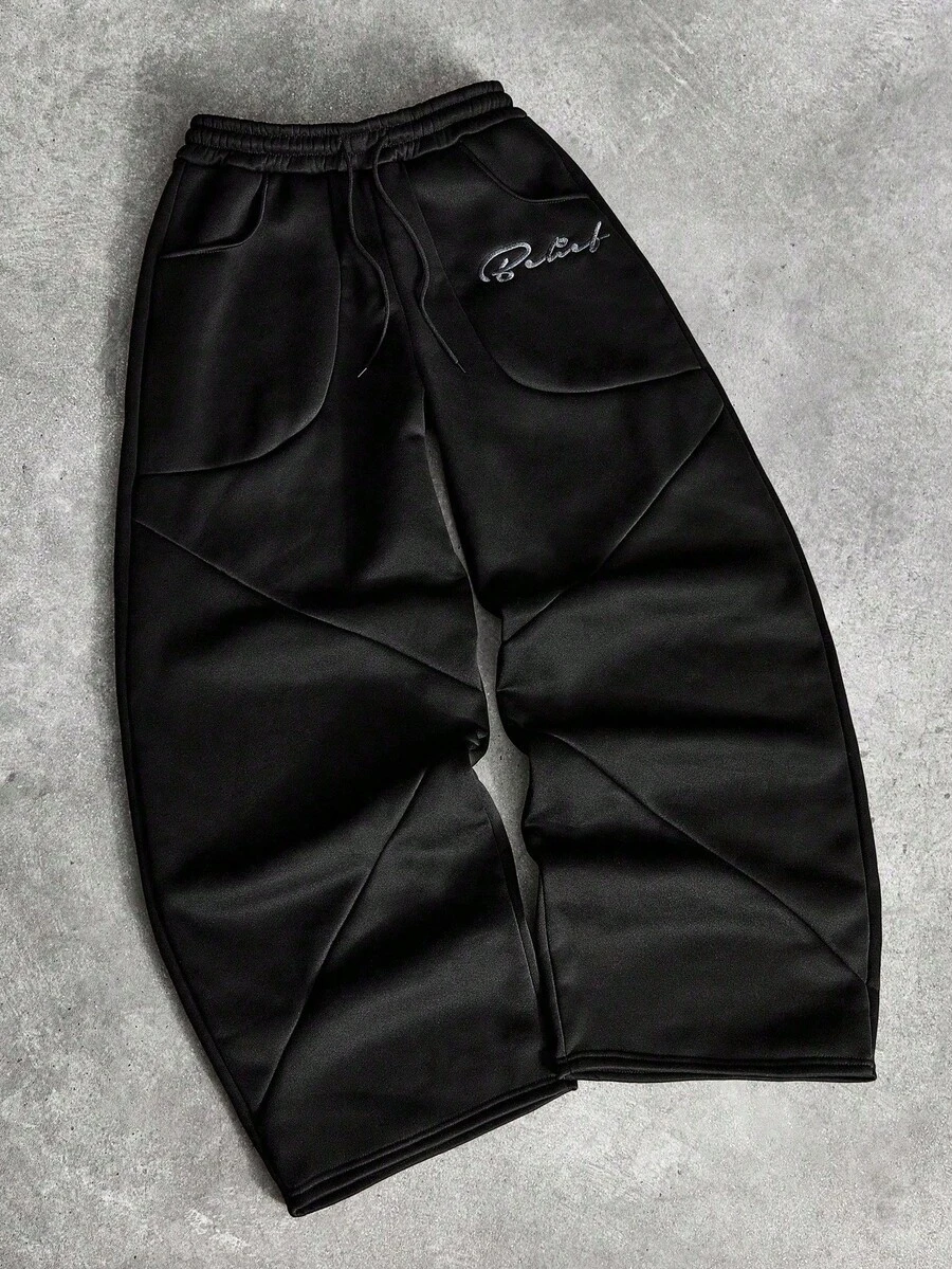 PAVTROS Men's Fashion Creative Patchwork Wide Leg Letter Embroidered Black Sweatpants
