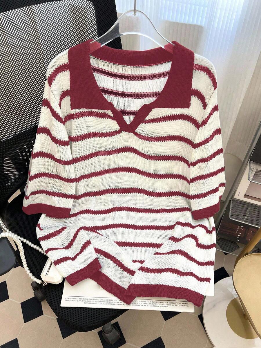 SHEIN Clasi 大码休闲拼色条纹针织上衣 - 紅木色 - 查看 1