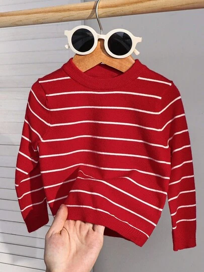 SHEIN 可爱休闲百搭黑白条纹弹力长袖圆领毛衣，适合儿童，适合幼儿园秋冬装，女童