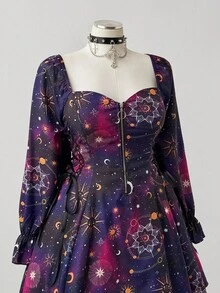 Sunspun Đầm dài tay/đầm ngắn in họa tiết bầu trời đầy sao ngày lễ thanh lịch đa năng mới, thiết kế dây buộc ruy băng, khóa kéo phía trước, thắt eo, dành cho nữ, dự tiệc/sinh nhật - Nhiều màu - Xem 4