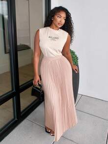 Alexandranx 女士针织花卉印花背心和褶皱迷你裙两件套，杏色，休闲风格，不含腰带 - 彩色 - 查看 4