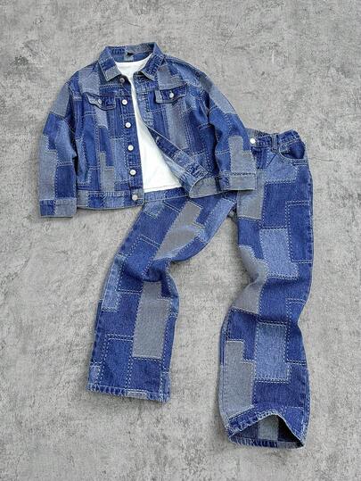 SHEIN 两件套男童时尚休闲Y2K复古酷炫街头返校学院风基础简约秋冬纹理设计套装，包含一件宽松长袖牛仔衬衫和一条舒适舒适的直筒牛仔裤，适合男童日常穿着，也可作为秋冬季派对、节日、街头服饰或校园服装。
