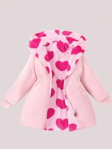 SHEIN 少女心形图案双面连帽休闲夹克，秋冬 - 玫紅色 - 查看 5