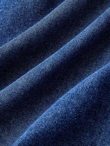 SHEIN MOD 女式优雅方领无袖腰部系带喇叭下摆牛仔连衣裙，夏季 - 藍色 - 查看 4