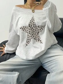 POPSWAY Sweat-shirt ample à épaule asymétrique avec imprimé léopard et décor d'étoiles, décontracté et pour l'automne/l'hiver, grande taille