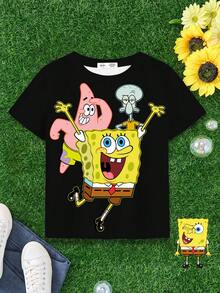 SpongeBob SquarePants | SHEIN Tween Boy Casual Everyday Commute Cute Cartoon Print Short Sleeve Black T-Shirt, Summer - White - View 5