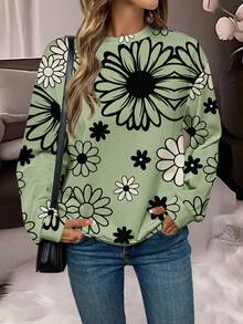 EMERY ROSE 休闲简约印花圆领长袖宽松女式卫衣，秋冬可爱卫衣大码连帽衫女绿色毛衣花朵上衣女式大码卫衣，休闲 - 彩色 - 查看 3