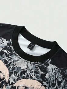 ROMWE MEN Goth Men Long Sleeve Shirt, Featuring Skull Totem & Intricate Floral Patterns Perfect For Stylish Men, Fall
