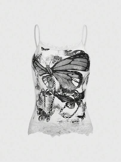 Fairycore Camiseta de tirantes con estampado de mariposa y encaje en contraste, estilo Y2K para mujer