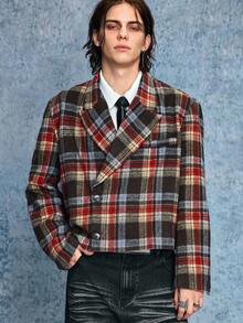 ROMWE MEN Spring Casual Graphic Men'S Retro Mandarin Collar Single-Breasted Plaid Jacket, Autumn/Winter - Red - View 1