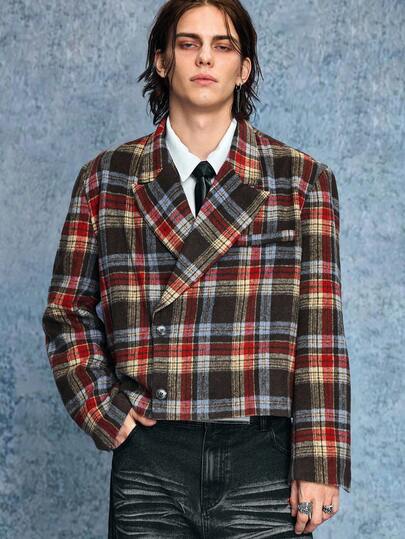 Grunge Punk Men's Retro Mandarin Collar Single-Breasted Plaid Jacket, Autumn/Winter