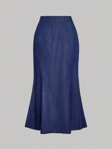 SHEIN MOD 女式荷叶边下摆吊带牛仔上衣和鱼尾牛仔裙时尚套装 - 中等水洗藍 - 查看 8