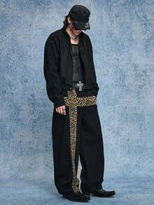 ROMWE MEN Grunge Punk 男士豹纹拼接宽腿宽松休闲牛仔裤，垃圾摇滚风 - 黑色 - 查看 7