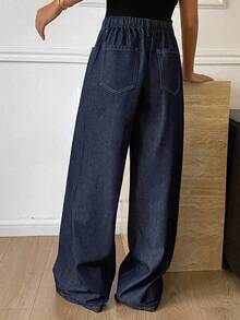 Livesso Women's Tie Waist Pocket Wide Leg Loose Casual Jeans - Dark Wash - View 3
