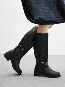 CUCCOO BIZCHIC Botas de media pantorrilla de estilo británico para motocicleta con hebilla y cordones, de tacón grueso, de moda y casuales para el transporte diario - Negro - Ver 3