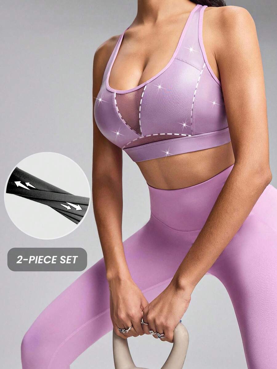 Innovista Woman Luxury Natural Tone Glossy Sports Sets Sophisticated Design Workout Clothes Athletic Outfits Training Breathable Active Crop Top Bra With Leggings Phone Card Pocket Bottom Metallic Two Pieces Daily Yoga Cycle Biker, Women Athletic Set