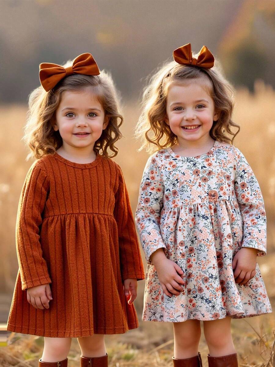 SHEIN Vintaside Kids 2pcs/Set Baby Girls Autumn New 2025 Ribbed Round Neck Long Sleeve Waist Dress, Ditsy Floral Round Neck Long Sleeve Waist Dress, Simple Vintage Merlot Color Everyday Commute Versatile Dress Set Fall Winter Clothes - Brown - View 1