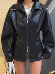 SHEIN EZwear 女式黑色长袖拉链领 PU 皮休闲夹克，秋季 - 黑色 - 查看 4