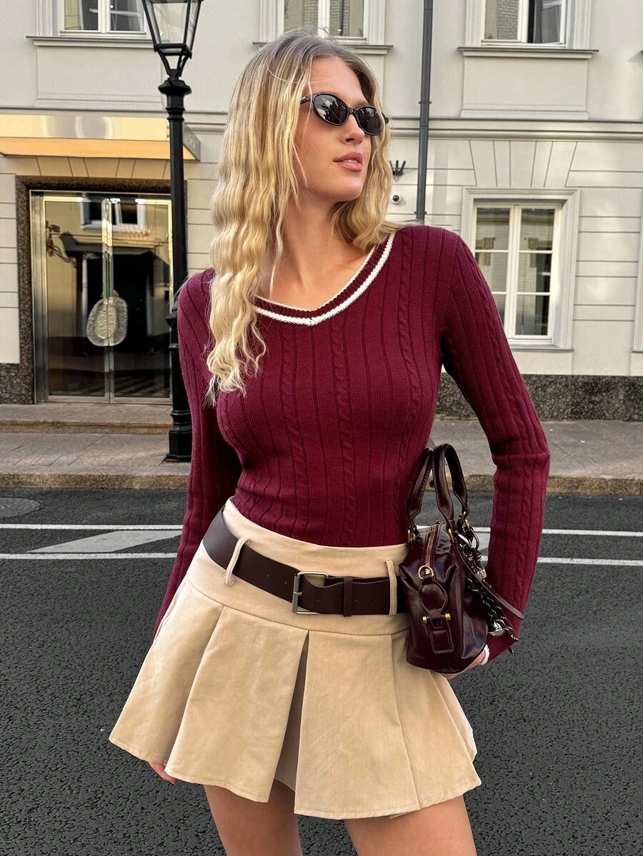 SHEIN EZwear Women Casual Wine Red Contrast Trim V-Neck Long Sleeve Simple Sweater, Casual Everyday Wear, Autumn/Winter,Tops For School