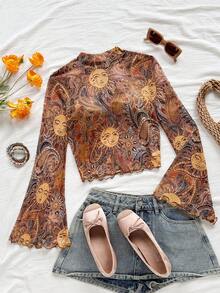 Soleia 休闲、度假、西部风、海滩、婚礼宾客、返校、毕业典礼、早午餐、圣帕特里克节、春假、复活节、音乐节、优雅、波西米亚风、热带风、喇叭袖、网眼、复古印花 T 恤、秋冬分层 - 彩色 - 查看 1