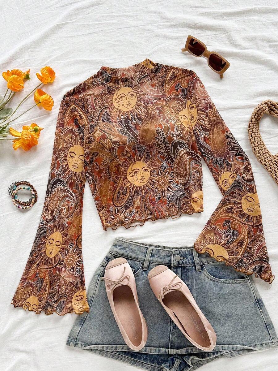 Soleia 休闲、度假、西部风、海滩、婚礼宾客、返校、毕业典礼、早午餐、圣帕特里克节、春假、复活节、音乐节、优雅、波西米亚风、热带风、喇叭袖、网眼、复古印花 T 恤、秋冬分层 - 彩色 - 查看 1