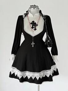 Sunspun Vestido de manga larga minimalista de dama con elegante ribete de encaje de color contrastante