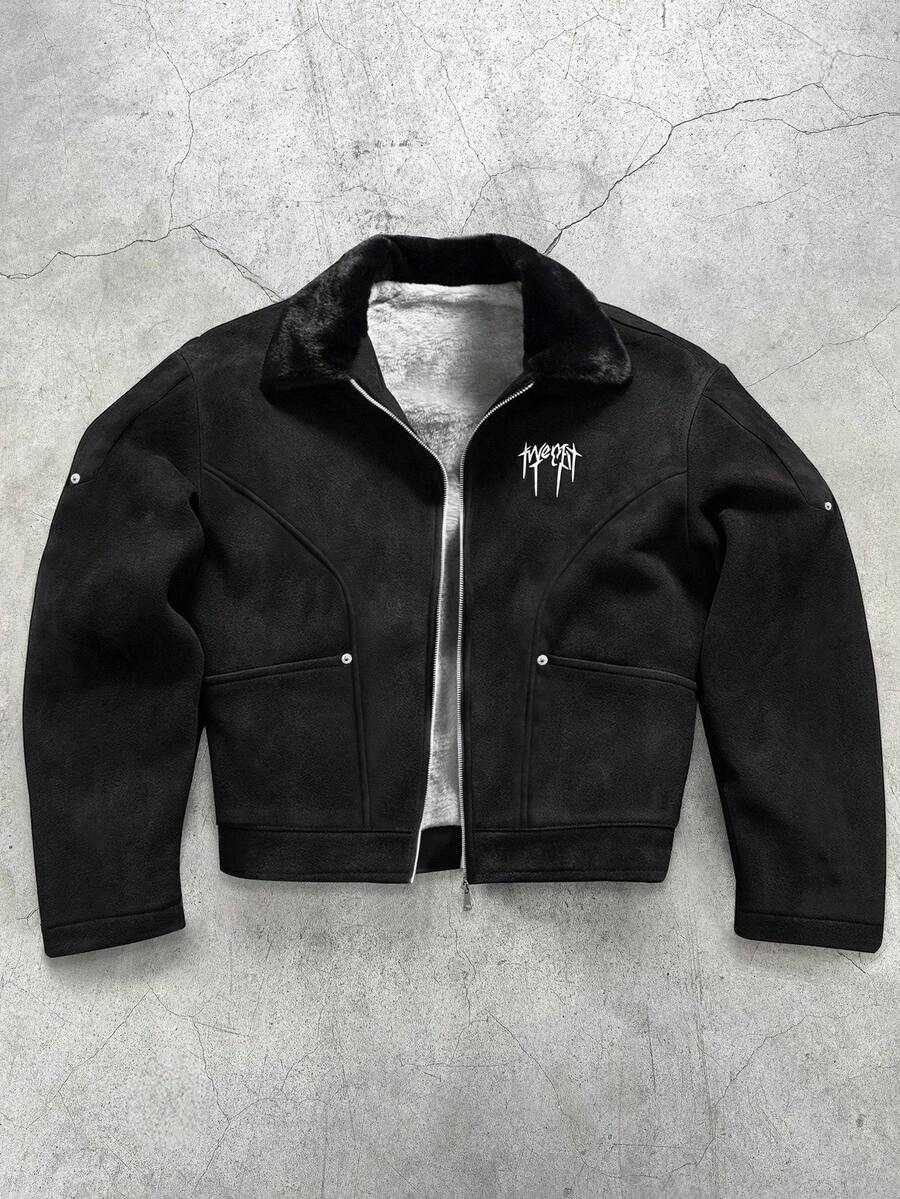 PAVTROS Men's Casual Turndown Collar Thermal Thermal Lined Black Long Sleeve Jacket With Small Logo Print, Retro Streetwear Style, Suitable For Autumn/Winter, Casual Black Jacket - Black - View 1