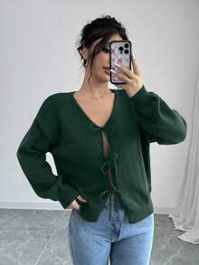 Selianne 女式纯色前系带长袖休闲衬衫，简约设计，适合日常穿着短款开衫黑色开衫女孩蝴蝶结开衫黑色开衫短款开衫 - 墨綠色 - 查看 6