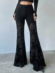 Firerie Women's Summer New Flocked Lace Elegant Vacation Graduation Music Festival Party Sexy Street City Black Low-Waist Lace Patchwork Sheer Fitted Flare Pants