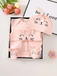 SHEIN 3件套新生儿可爱猫脸印花长袖连体衣、裤子+帽子套装，适合各种场合，春秋冬季皆可穿着