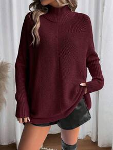 Louniche Women's Casual Solid Color Turtleneck Batwing Long Sleeve Loose Sweater, Autumn/Winter - Burgundy - View 4