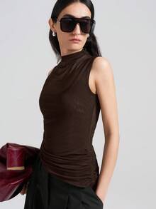 Ontre Women's Asymmetric Asymmetrical Hem Oblique Collar Sleeveless T-Shirt, Urban Commute Business Casual Wear, Office Outfit, Teacher Outfit, Basic Top, Outerwear, Brown