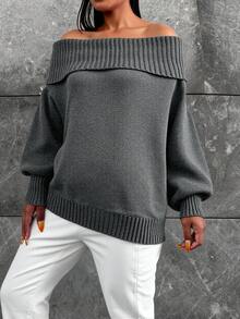 EURMUSE 大尺碼純色露肩毛衣 - 深灰色 - 查看 4