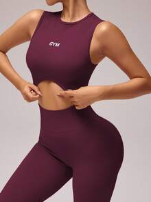 SHEIN Sports Bộ đồ tập luyện thể thao thời trang mùa hè dành cho nữ, áo ba lỗ ngắn in chữ và quần legging - Màu Đỏ Sâu - Xem 5