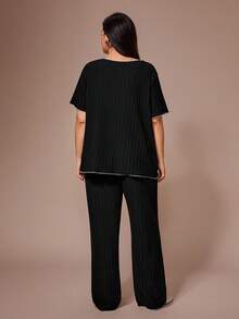 Lazeform Comfortable Ribbed Knit Casual Plus Size Pajama Set - Black - View 2