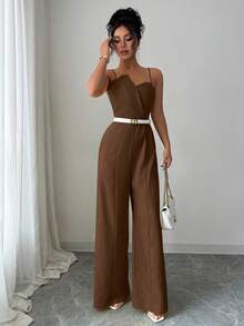 Selianne 女士纯色蕾丝抹胸设计收腰阔腿优雅连体裤，适合通勤和日常穿着 - 巧克力棕 - 查看 3